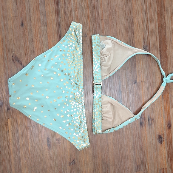 Vintage Y2K Victorias Secret Swim Suit MED/LG Bikini Set Turquoise Gold Star - Picture 2 of 6